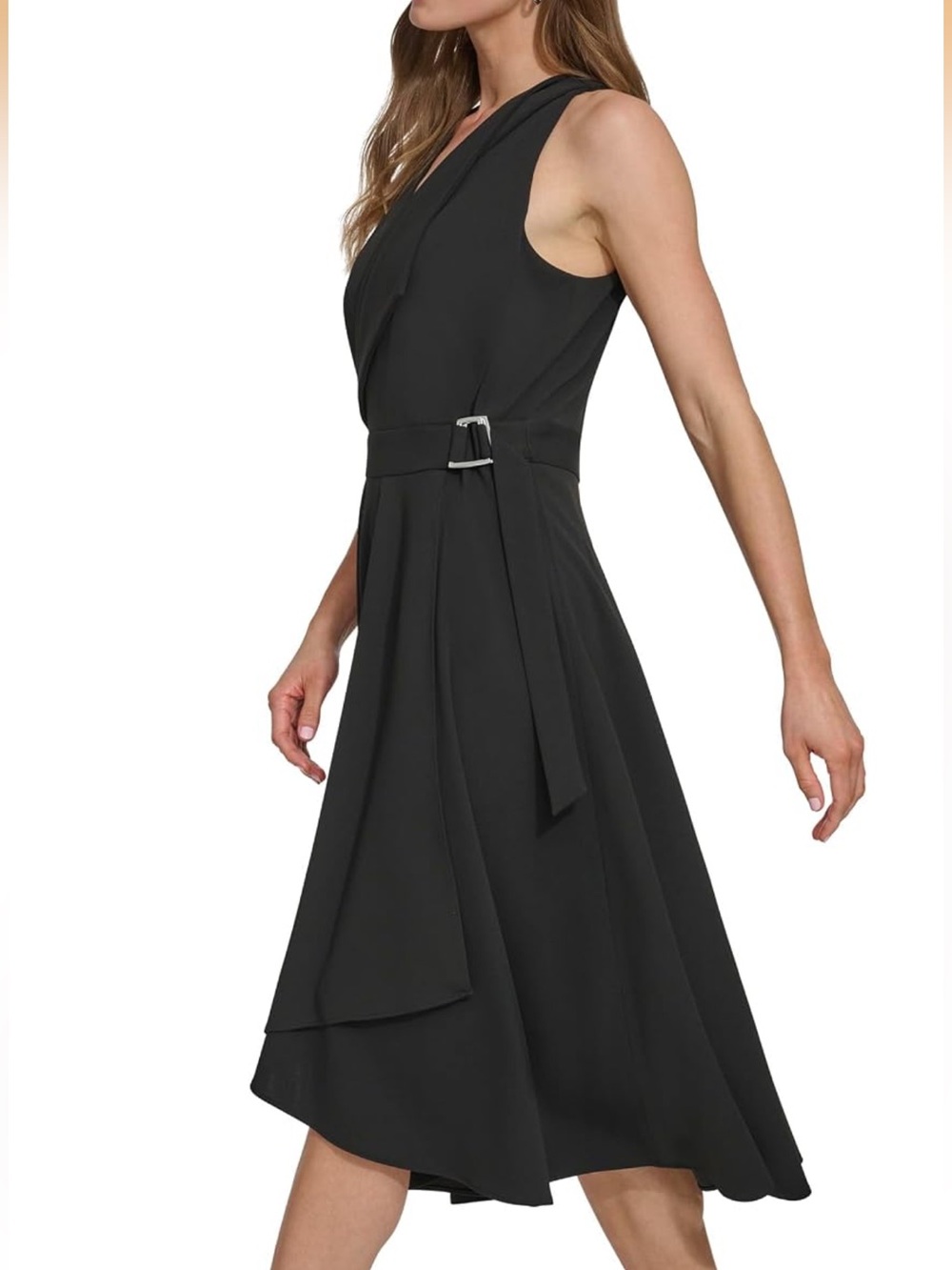 DKNY Black Sleeveless V-Neck Faux Wrap Midi Dress with Buckle Belt
